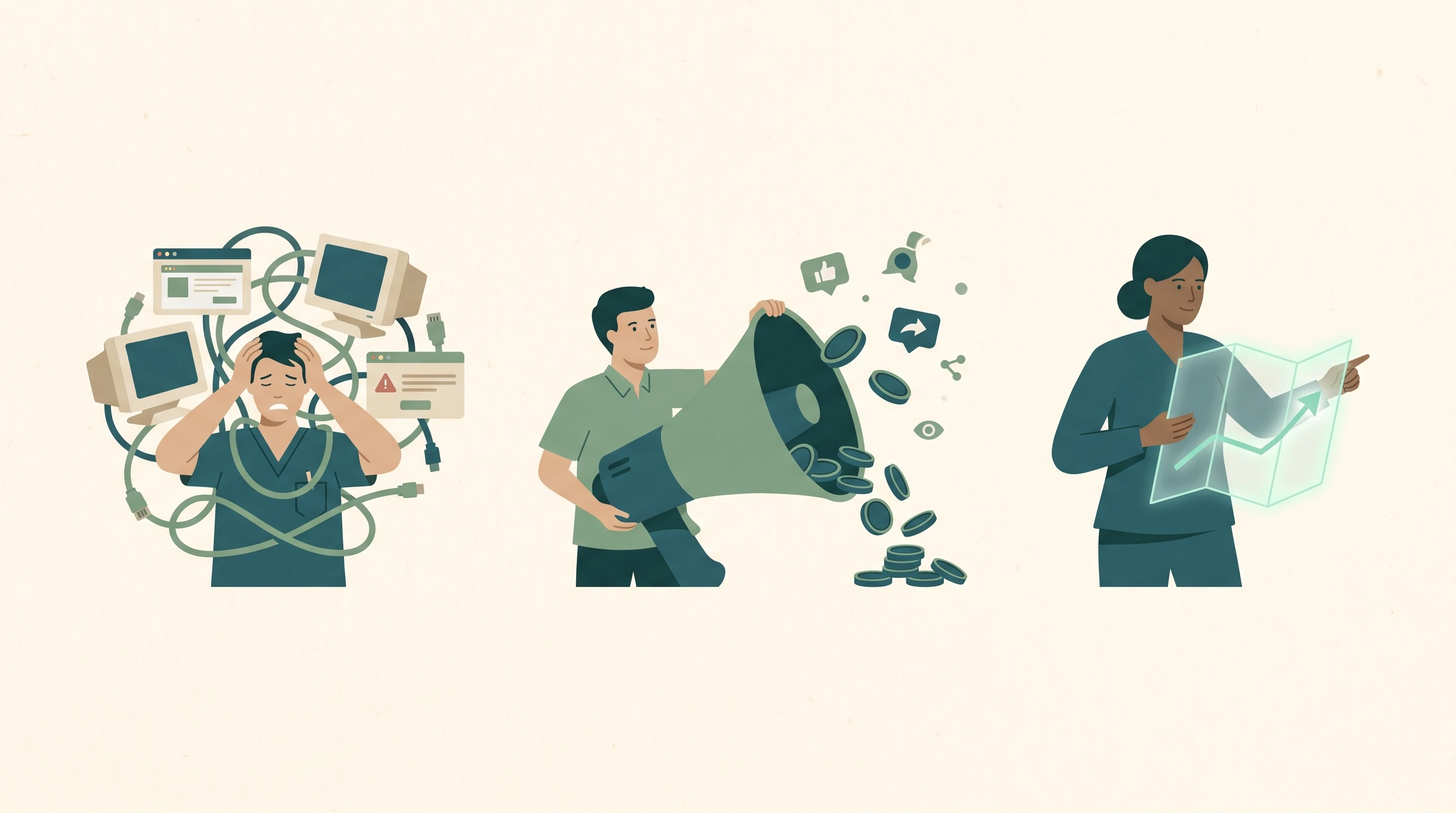 Three eras: a dentist scrambling with early web technology, a dentist overpaying into social media, and a calm dentist holding a clear map