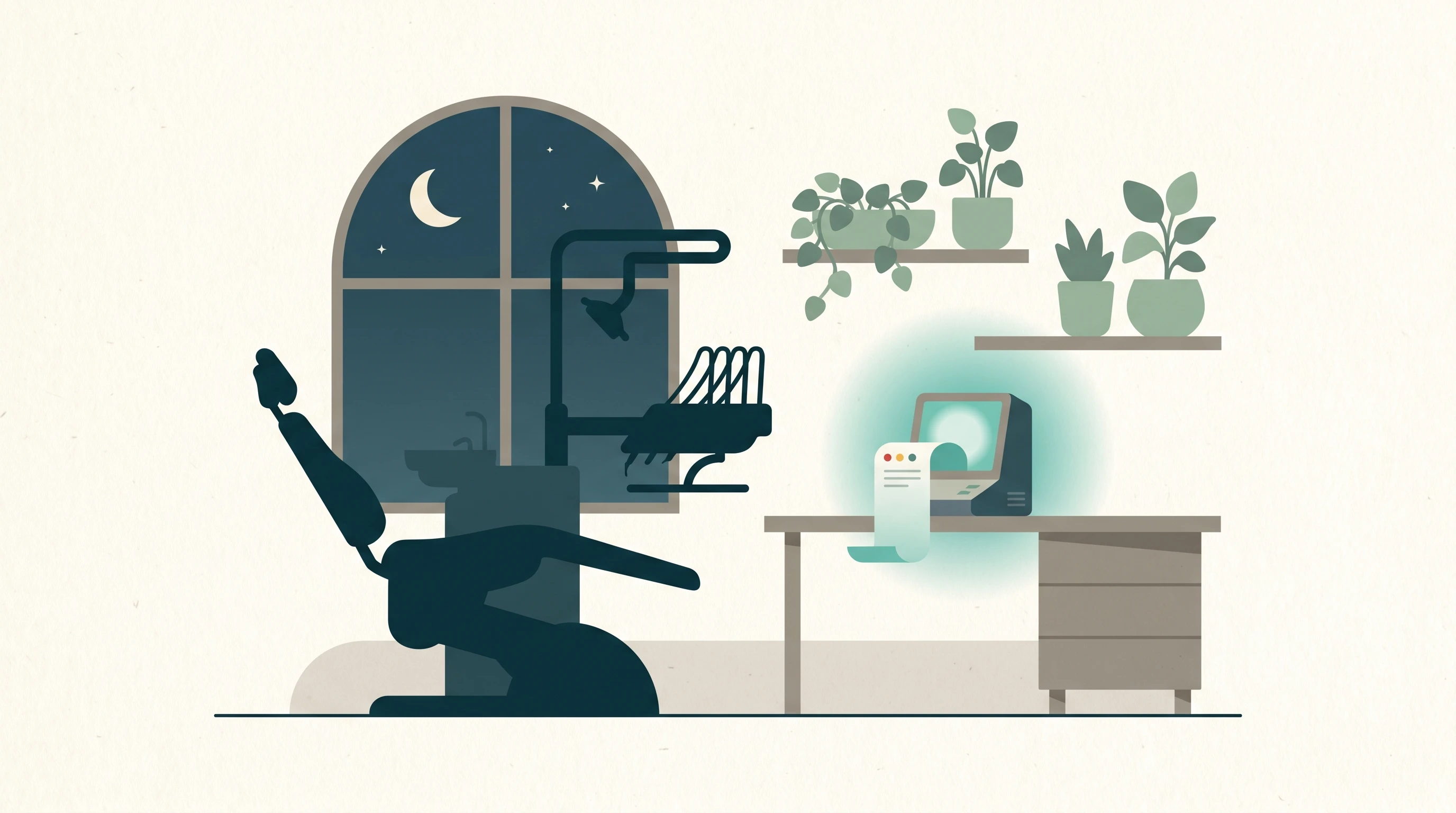 A quiet dental practice at night while a small terminal produces the morning owner report